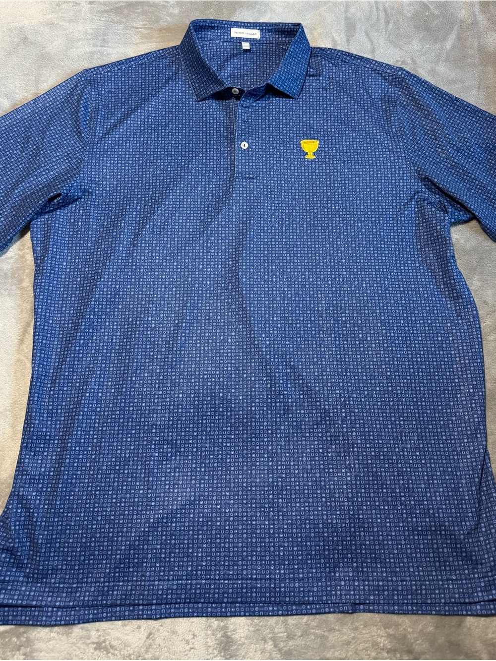 Peter Millar Navy Micro-Pattern Polo with Yellow Trophy Emblem